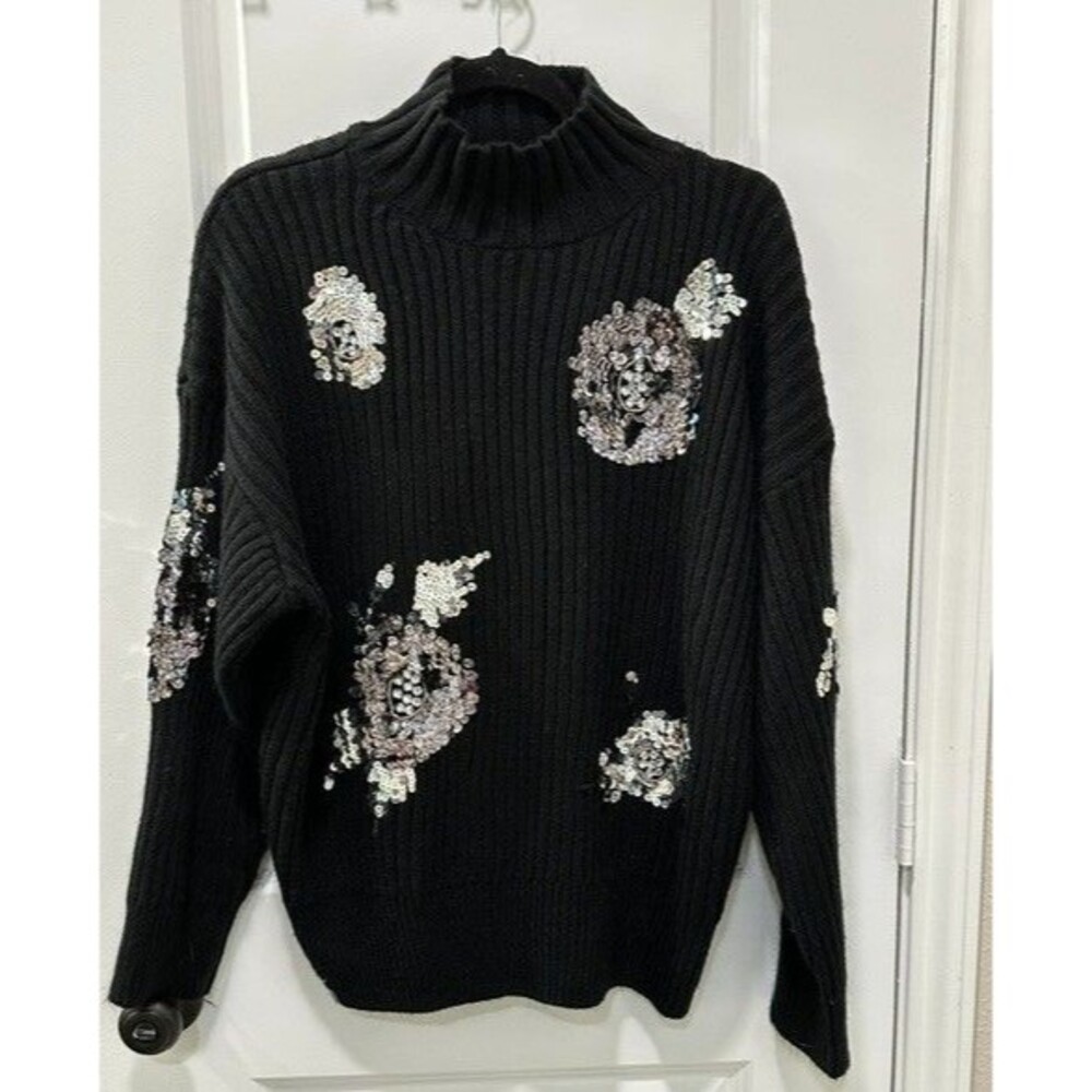 Fate Women's Medium Black Ribbed Sweater Sequin Rhinestone Floral Mock Neck